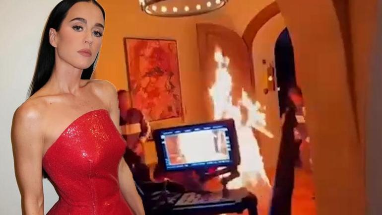 Klip çekiminde korkutan kaza Katy Perry’nin kıyafeti alev aldı